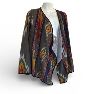 AUDREY Women's Cardigan Sweater, Aztec Pattern, colorful, waterfall front. S